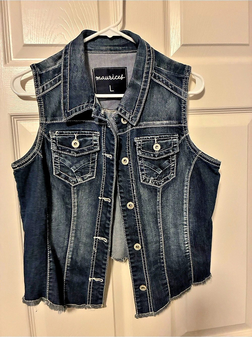 Maurices Denim Frayed Vest in Blue Size Large